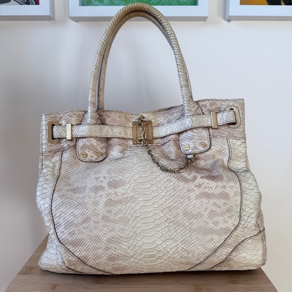 Large structured tote/satchel in pale cream-beige python-embossed leather - Picture 1 of 15